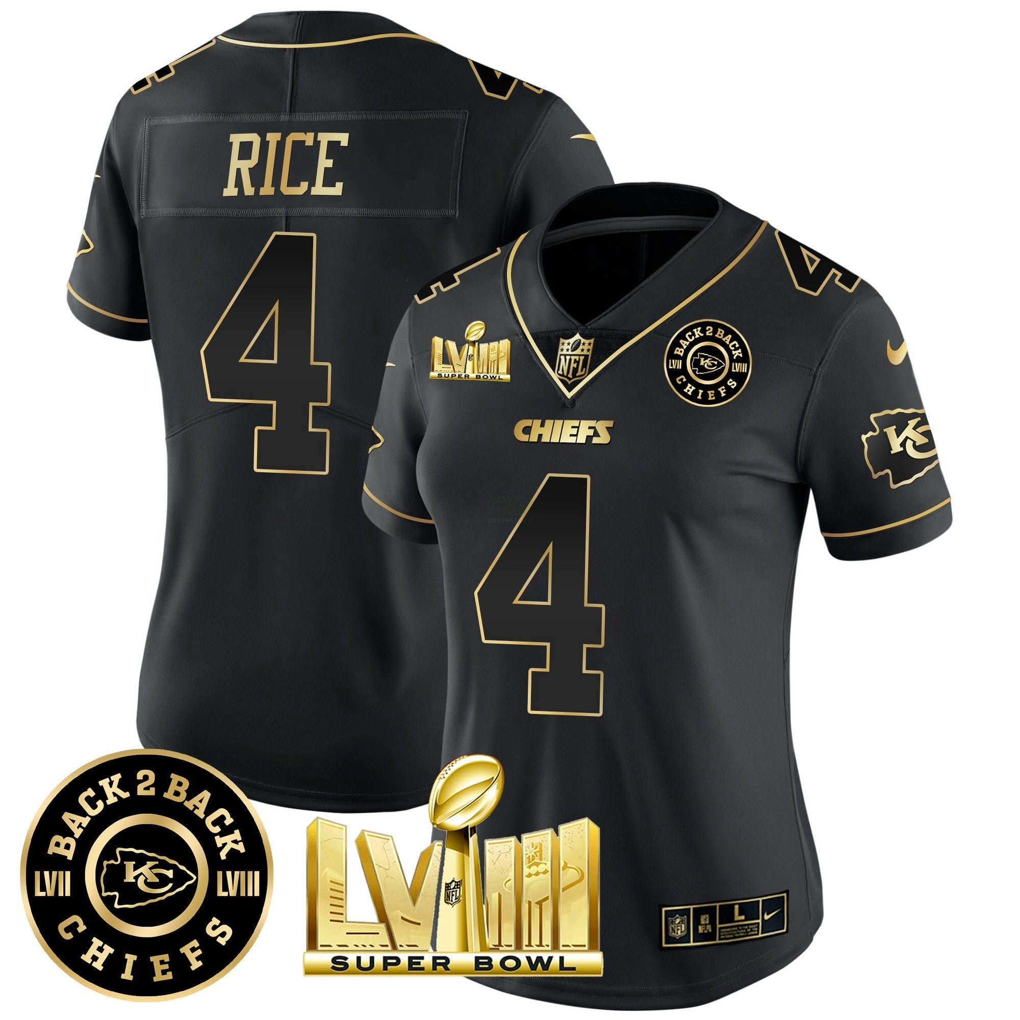 Camisa NFL Women’s Super Bowl LVIII & Back 2 Back Patch Vapor Jersey V4