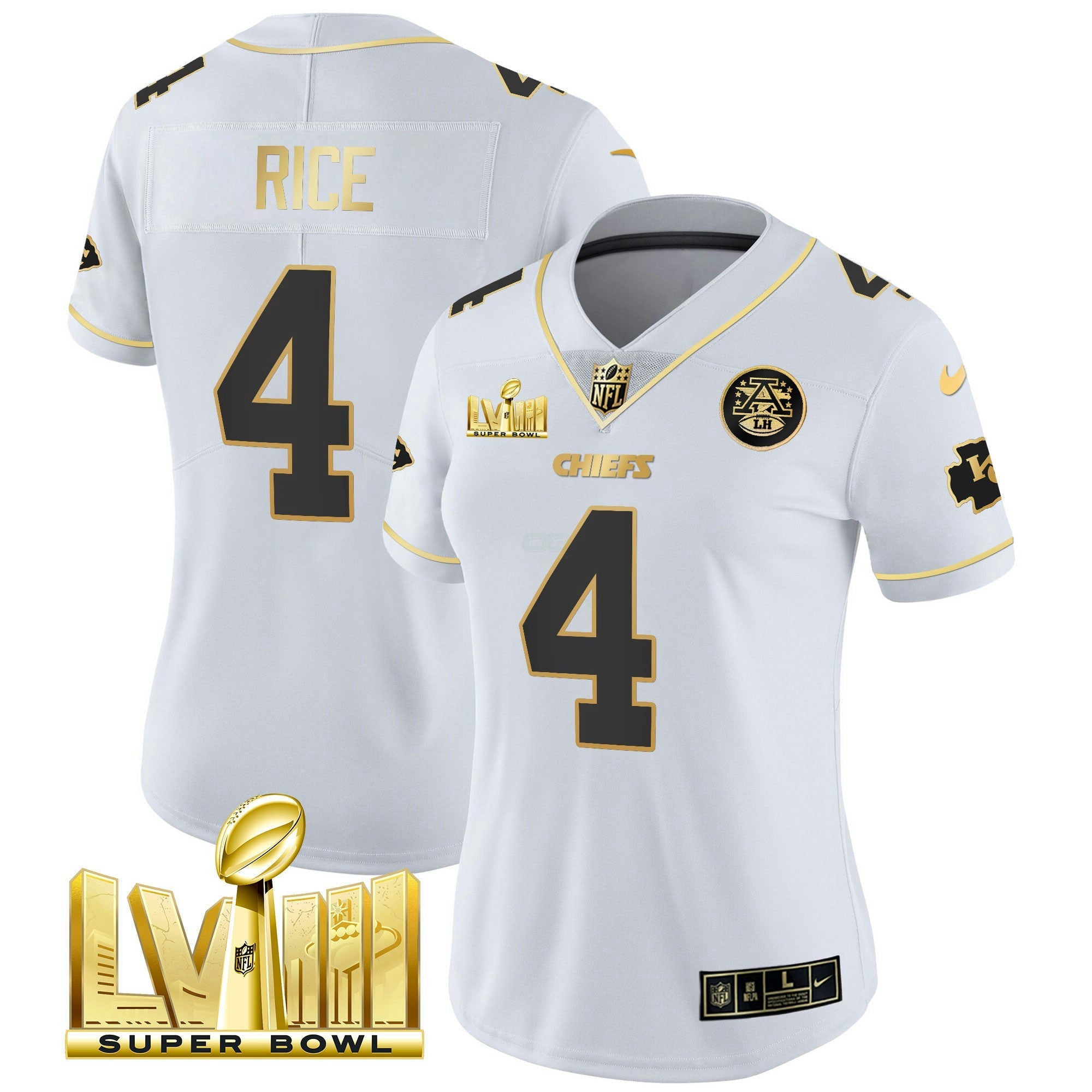 Camisa NFL Women’s Super Bowl LVIII Dourada Patch Vapor Jersey V4