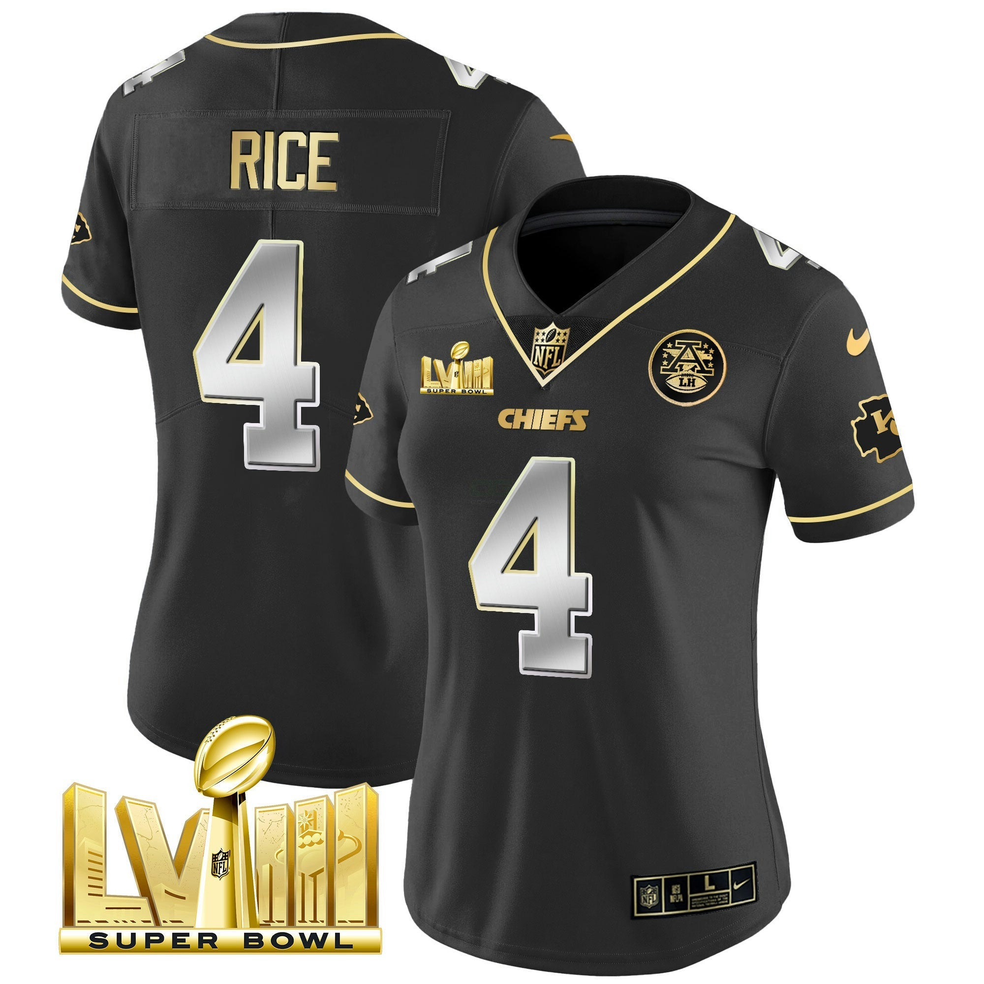 Camisa NFL Women’s Super Bowl LVIII Dourada Patch Vapor Jersey V4