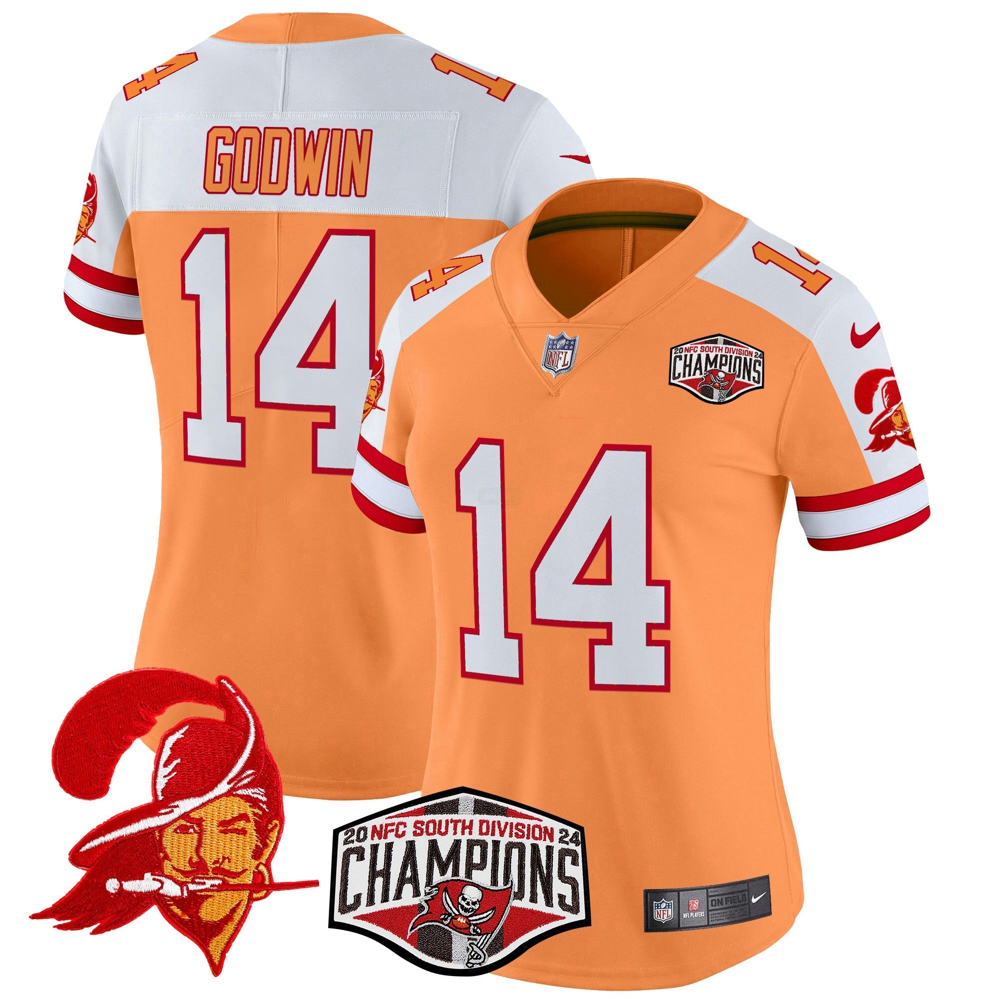 Camisa NFL Women’s Tampa Bay Creamsicle 2024 NFC South Division Champions Patch Vapor Limited Jersey