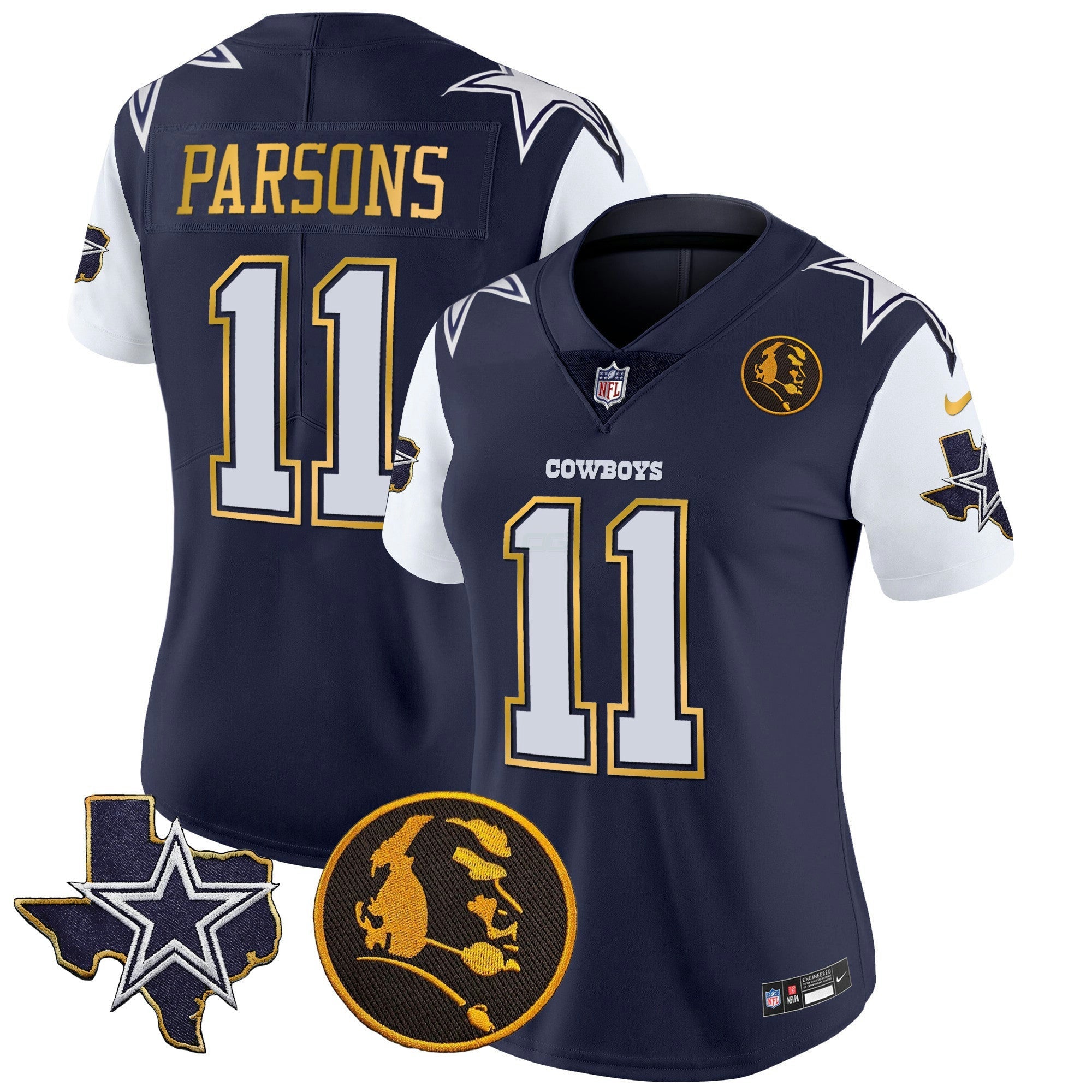 Camisa NFL Women’s Texas & John Madden Patch Dourada Trim Vapor Jersey