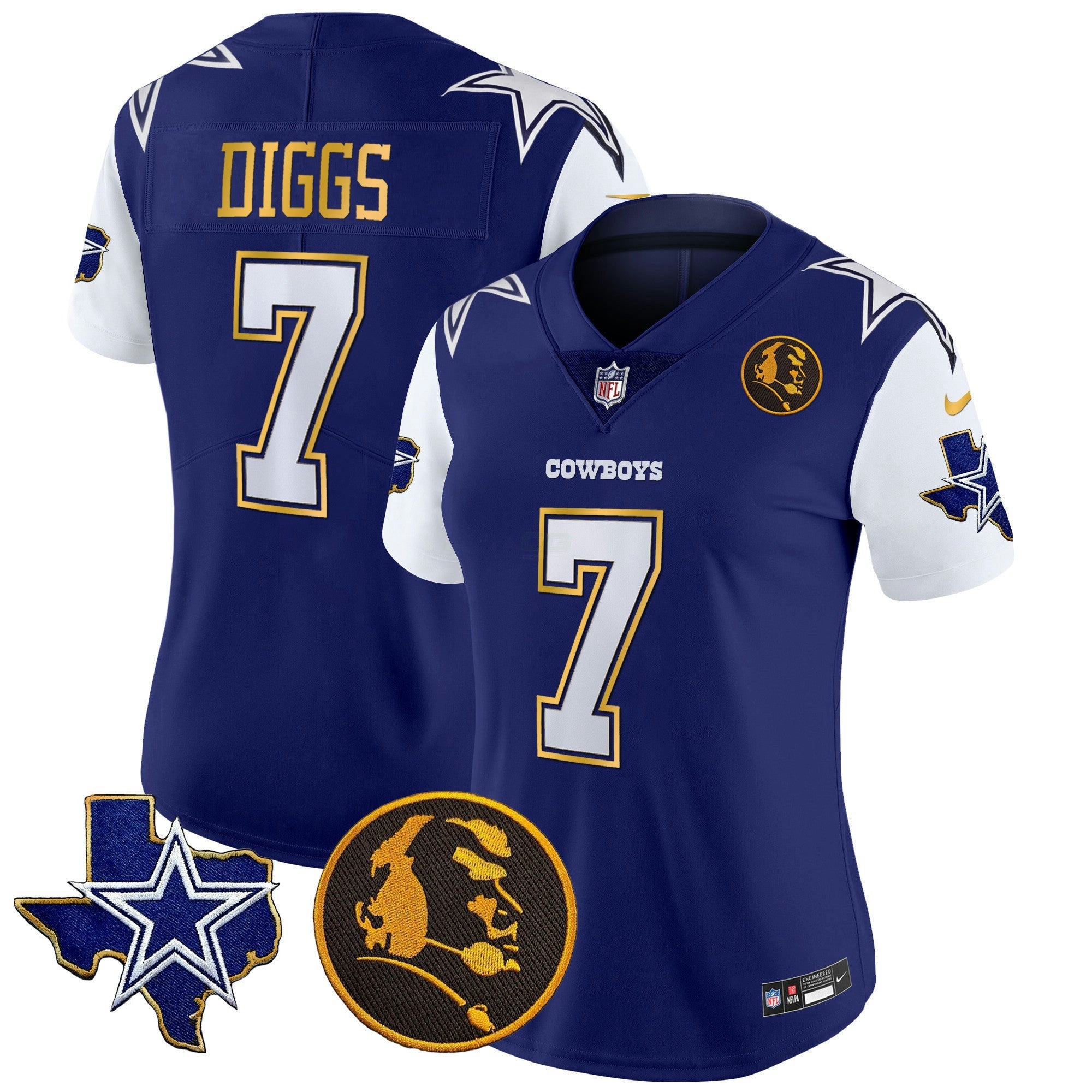 Camisa NFL Women’s Texas & John Madden Patch Dourada Trim Vapor Jersey